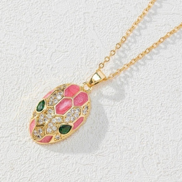 Moon Goddess Emporium Jewelry - Pink Enamel 14K Gold Plated And Diamond Inlaid Snakehead Pendant Necklace